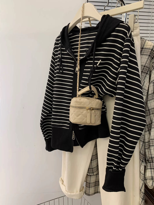 Striped hooded double zipper knitted sweater cardigan women's early autumn small size straight shoulder long sleeve hoodie jacket autumn
