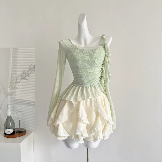 Youni homemade Qingwu Nishang summer sweet slim long-sleeved lace hollow blouse suspenders skirt