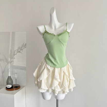 Youni homemade Qingwu Nishang summer sweet slim long-sleeved lace hollow blouse suspenders skirt