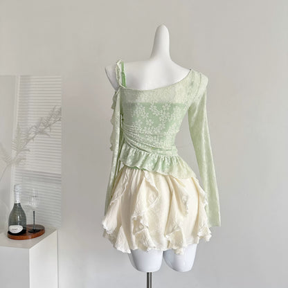 Youni homemade Qingwu Nishang summer sweet slim long-sleeved lace hollow blouse suspenders skirt