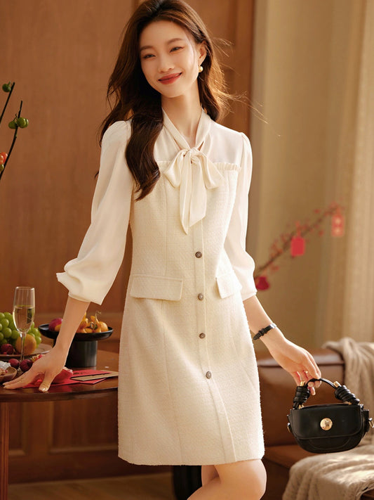 Mohan Yimei Bow Tie Temperament Dress 2024 Spring New French Style Small Fragrance Style Waist Slimming Dress