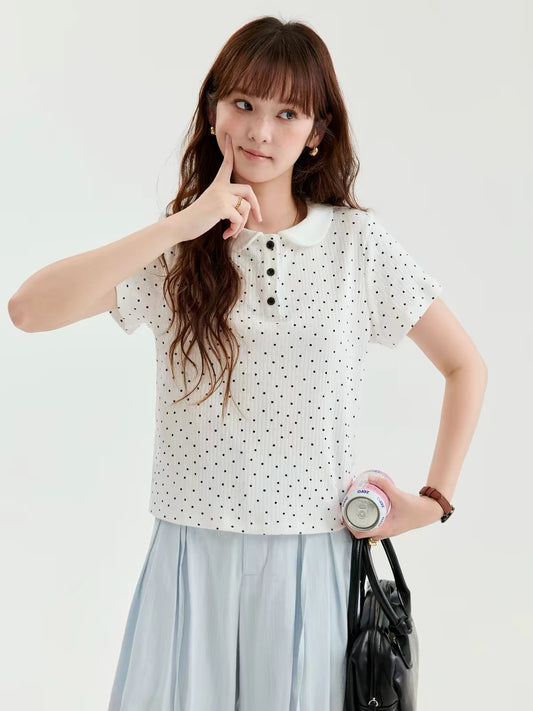 [Beidao AMUU Original] Women's Summer Pure Cotton T-Shirt – Textured Polka-Dot Jacquard, Peter Pan Collar, Short Sleeves