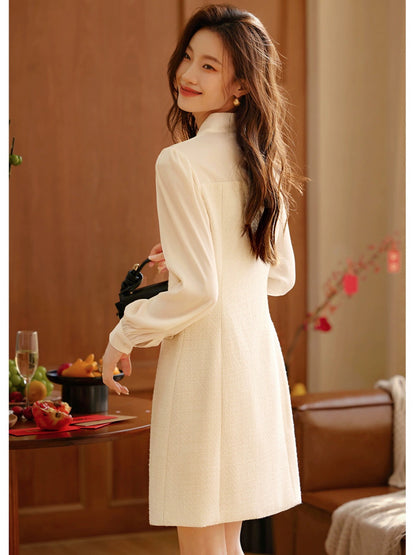 Mohan Yimei Bow Tie Temperament Dress 2024 Spring New French Style Small Fragrance Style Waist Slimming Dress
