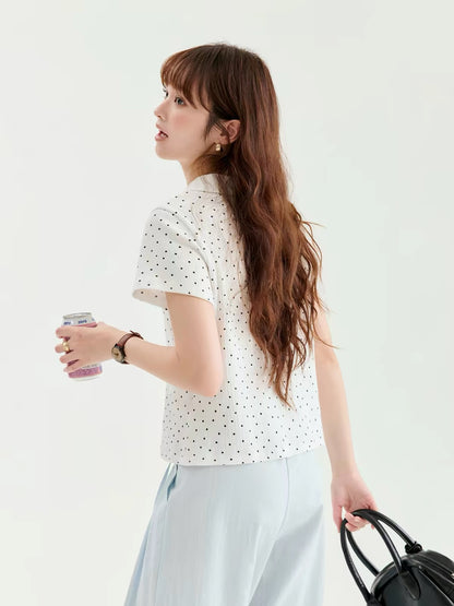 [Beidao AMUU Original] Women's Summer Pure Cotton T-Shirt – Textured Polka-Dot Jacquard, Peter Pan Collar, Short Sleeves
