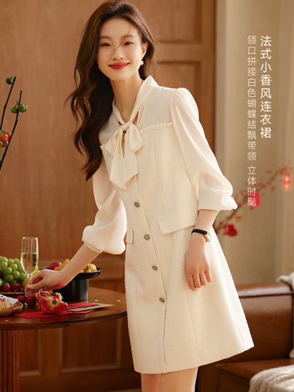 Mohan Yimei Bow Tie Temperament Dress 2024 Spring New French Style Small Fragrance Style Waist Slimming Dress