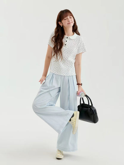 [Beidao AMUU Original] Women's Summer Pure Cotton T-Shirt – Textured Polka-Dot Jacquard, Peter Pan Collar, Short Sleeves