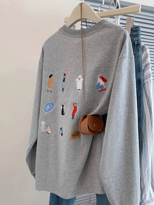 Gray shoulder embroidery pullover long-sleeved sweatshirt for women in early autumn loose lazy style small size without hat 2025 new style