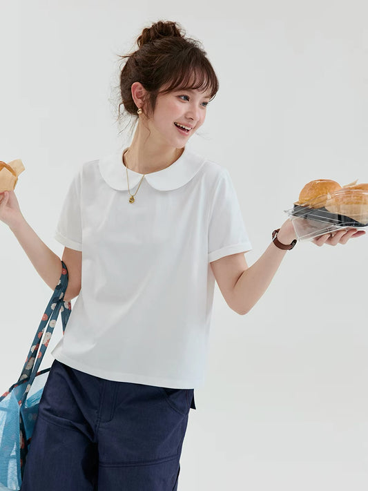 Beidao AMUU Original] Japanese-style solid-color short-sleeve T-shirt with a Peter Pan collar—a new summer top for work or casual wear that offers a youthful look.