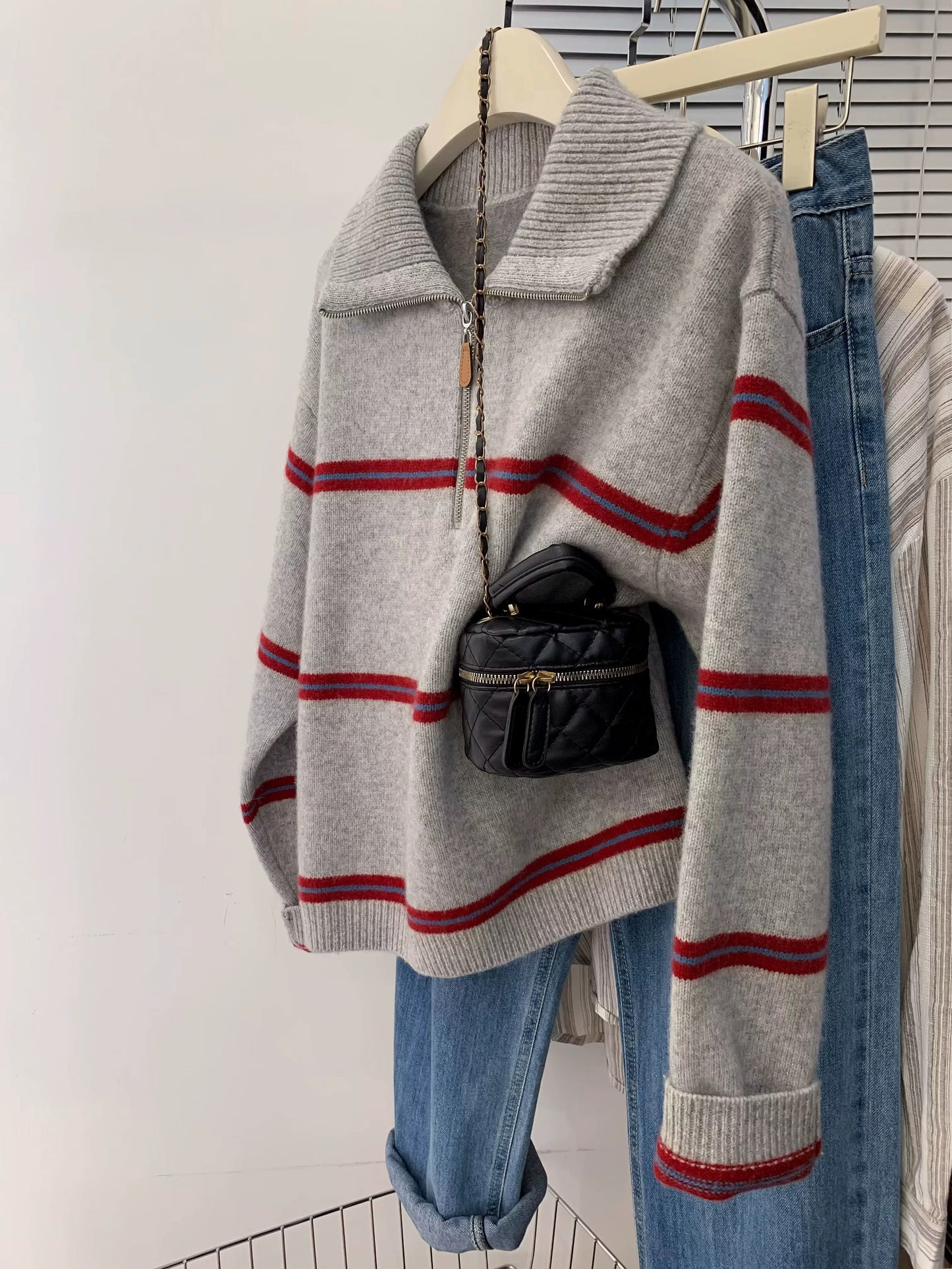 Polo collar half zipper striped sweater women's early autumn and winter lazy style knitted sweater pullover knitted sweater 2025 new