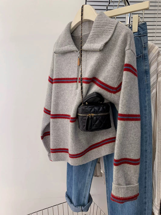 Polo collar half zipper striped sweater women's early autumn and winter lazy style knitted sweater pullover knitted sweater 2025 new