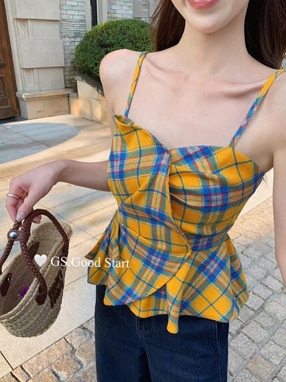 GS.GOOD START popular colors are super popular. French retro contrast plaid design suspender blouse for women