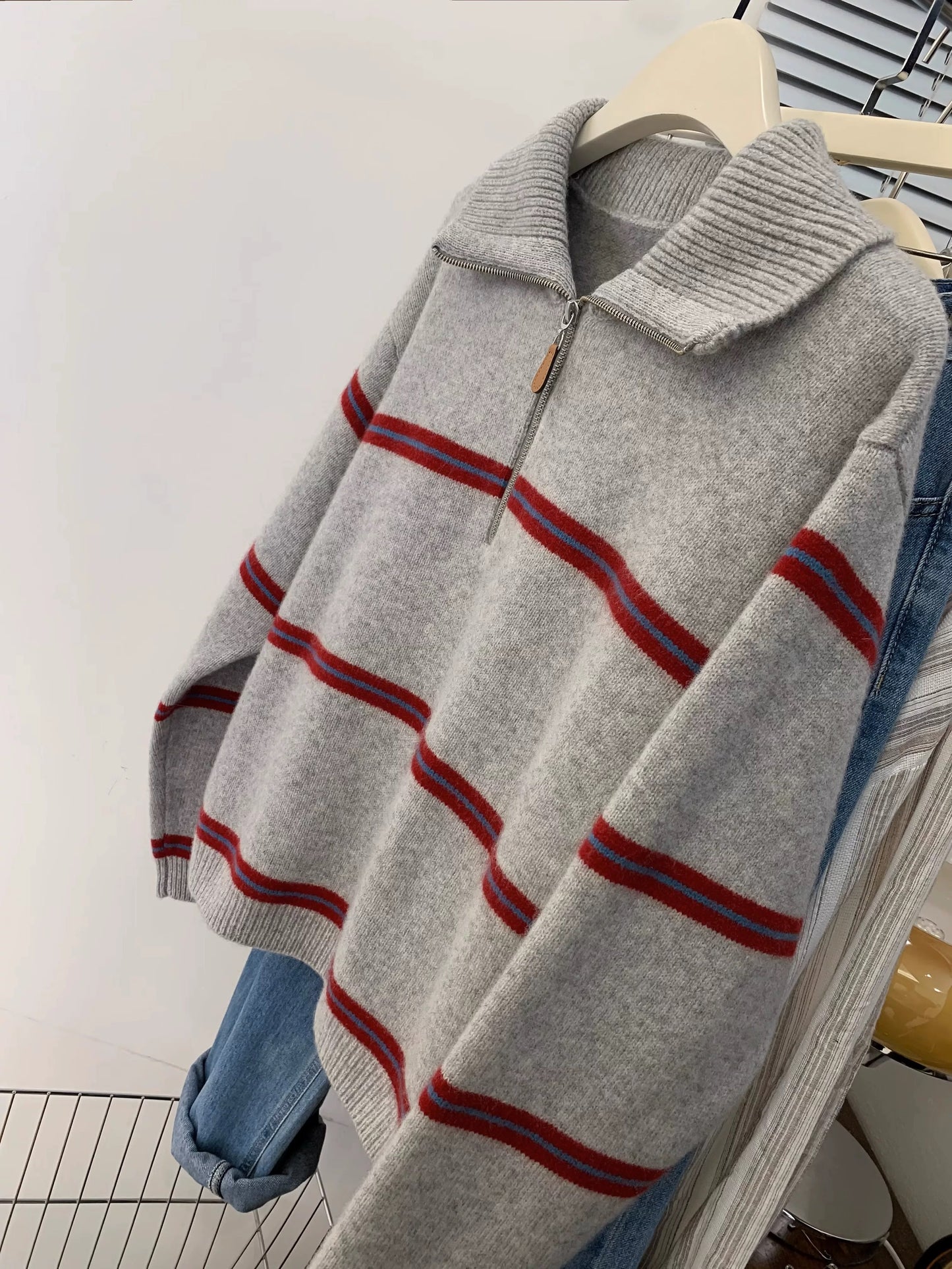 Polo collar half zipper striped sweater women's early autumn and winter lazy style knitted sweater pullover knitted sweater 2025 new