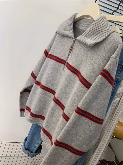 Polo collar half zipper striped sweater women's early autumn and winter lazy style knitted sweater pullover knitted sweater 2025 new