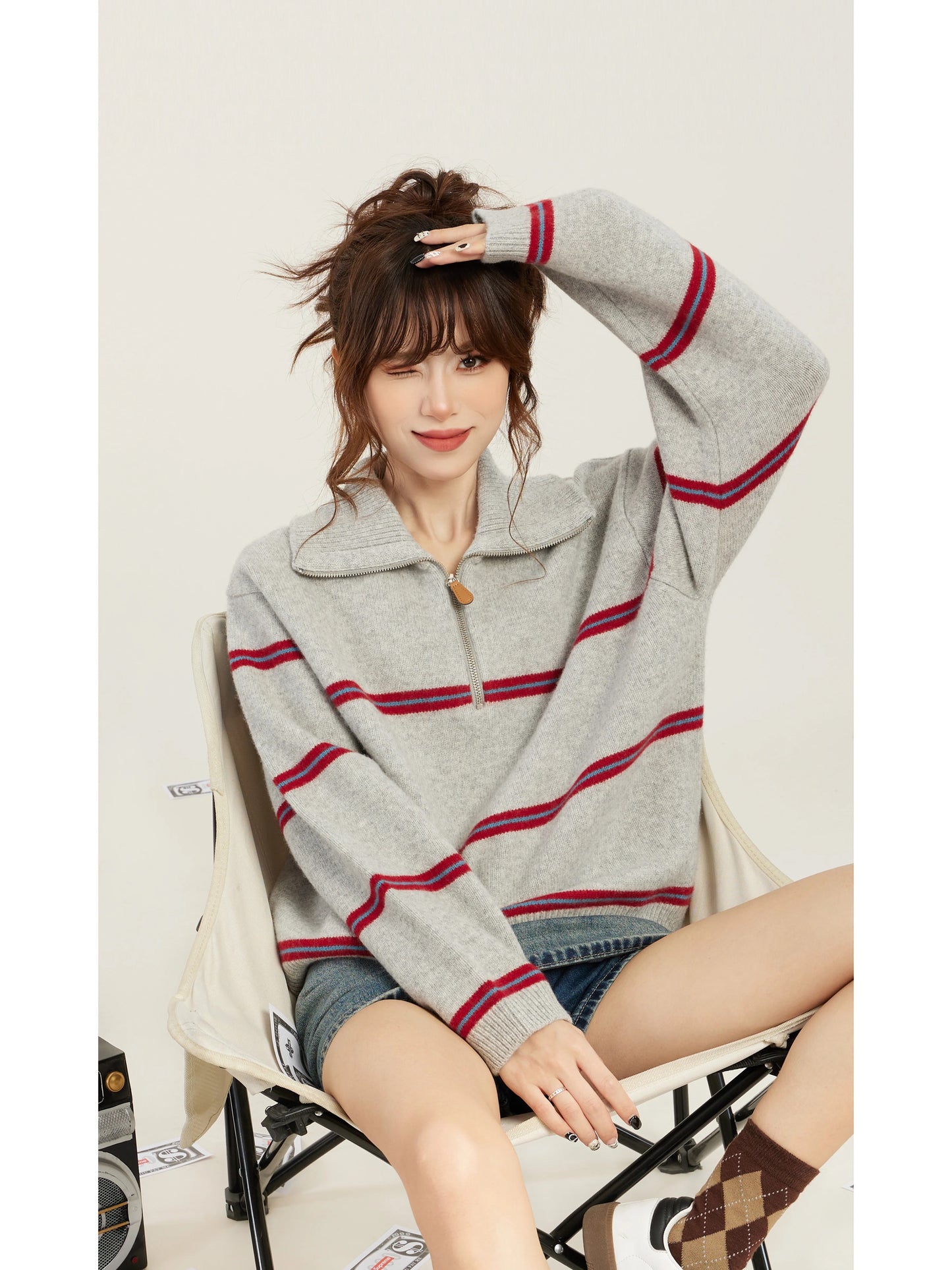 Polo collar half zipper striped sweater women's early autumn and winter lazy style knitted sweater pullover knitted sweater 2025 new