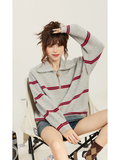 Polo collar half zipper striped sweater women's early autumn and winter lazy style knitted sweater pullover knitted sweater 2025 new