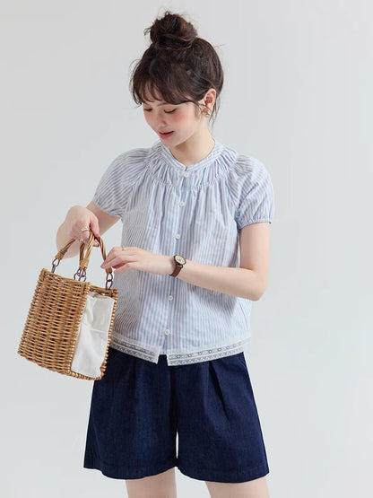[Beidao AMUU Original] Women's Summer Short-Sleeve Striped Cotton Shirt – Textured Fabric, Cropped Fit, and Lace-Trim Detail