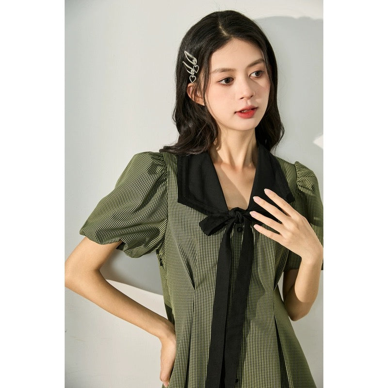 Tangshi 2023 new summer women's houndstooth pattern contrasting bow collar dress French forest style early spring outfit y