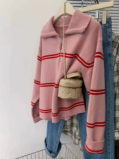 Polo collar half zipper striped sweater women's early autumn and winter lazy style knitted sweater pullover knitted sweater 2025 new