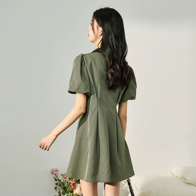 Tangshi 2023 new summer women's houndstooth pattern contrasting bow collar dress French forest style early spring outfit y