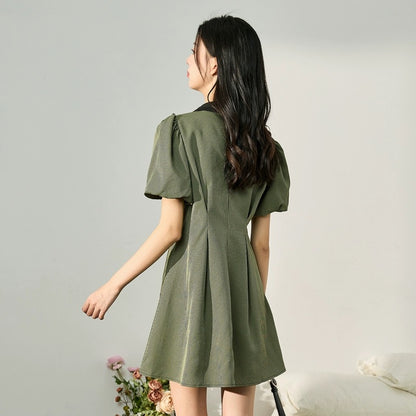 Tangshi 2023 new summer women's houndstooth pattern contrasting bow collar dress French forest style early spring outfit y