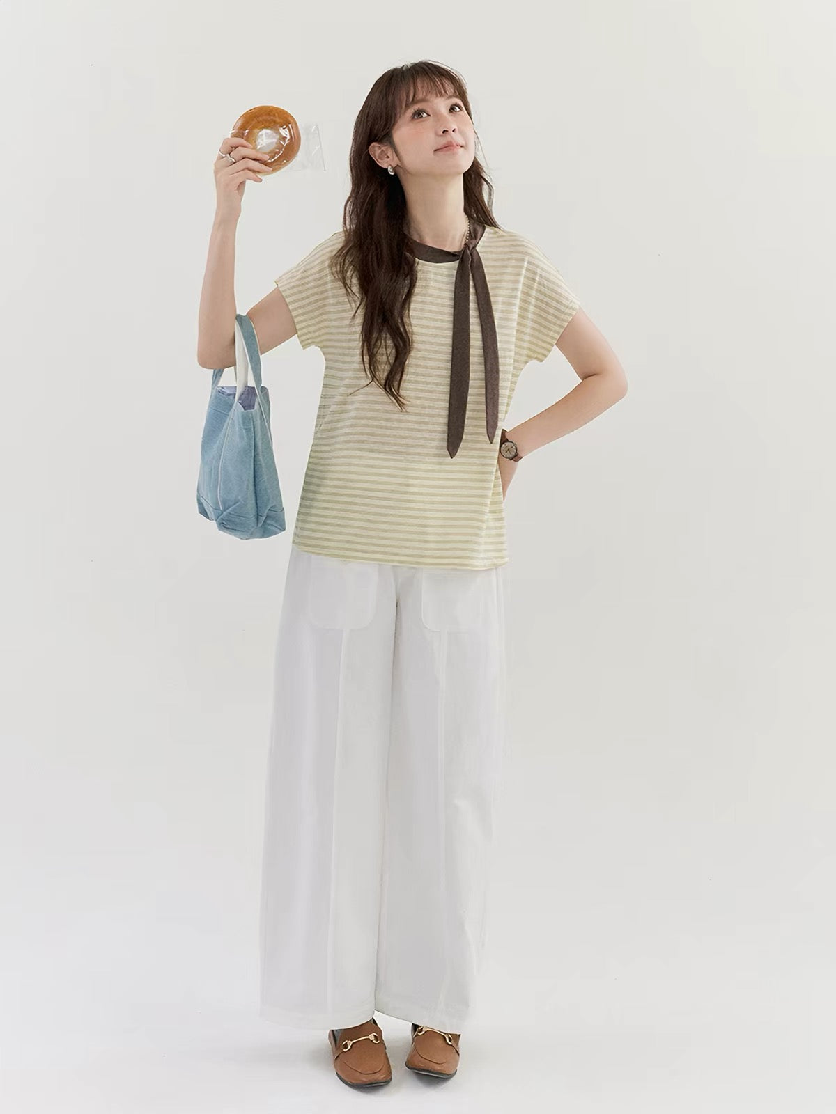 "Beidao AMUU Original" Women's Summer Striped T-Shirt: Crew Neck, Short Sleeves, Lyocell Fabric, and Stylish Lace-Up Detail.