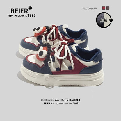 BEIER winter plus velvet two-cotton shoes original color matching street shooting American sneakers women's 2024 new thick-soled bread shoes