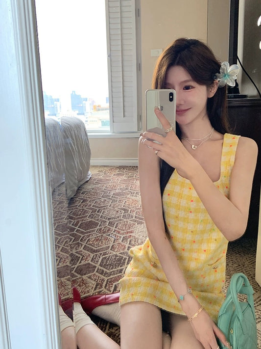 Baishui Girl [Rich Girl~] Square Neck Tank Top Women's New Contrast Color Slim Fit Small Fragrant Style Dress