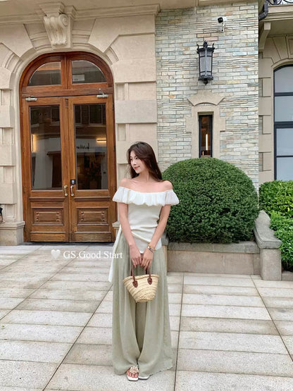 GS.GOOD START blogger wears summer French temperament cloud edge one-shoulder neck waist slim shirt for women