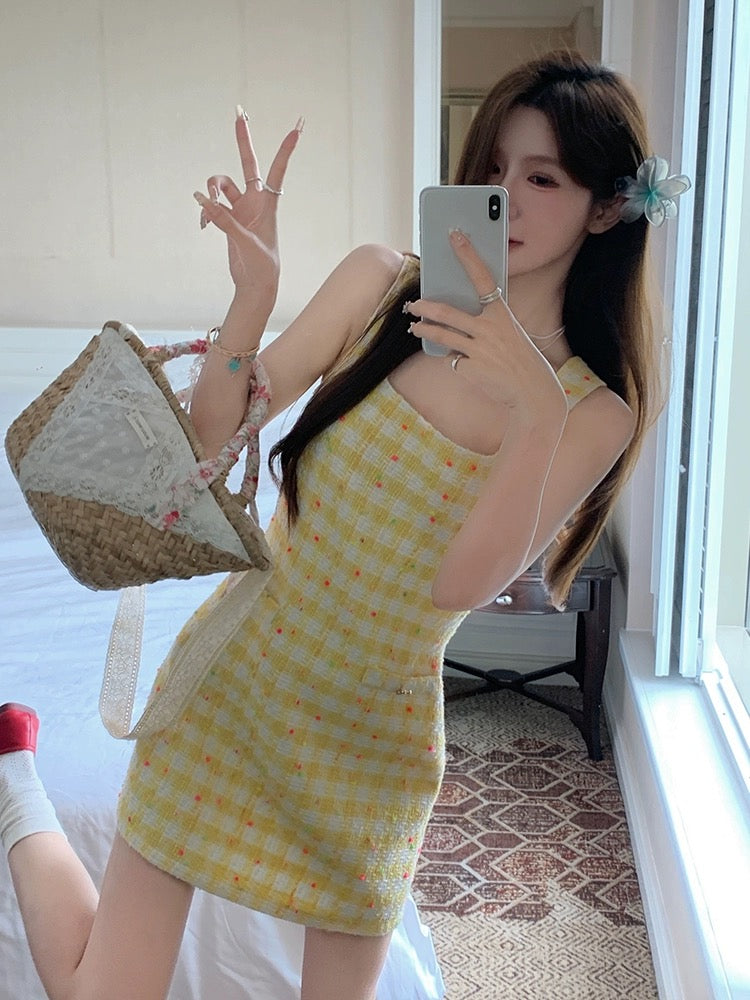 Baishui Girl [Rich Girl~] Square Neck Tank Top Women's New Contrast Color Slim Fit Small Fragrant Style Dress