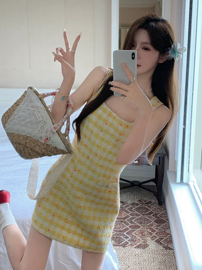 Baishui Girl [Rich Girl~] Square Neck Tank Top Women's New Contrast Color Slim Fit Small Fragrant Style Dress