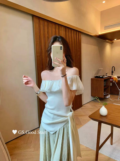 GS.GOOD START blogger wears summer French temperament cloud edge one-shoulder neck waist slim shirt for women