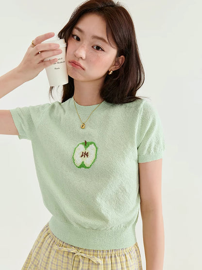 [Beidao AMUU Original] Women's Summer Knit Top: Fresh-style Short-sleeve Shirt Featuring Textured Bouclé Yarn Embroidery