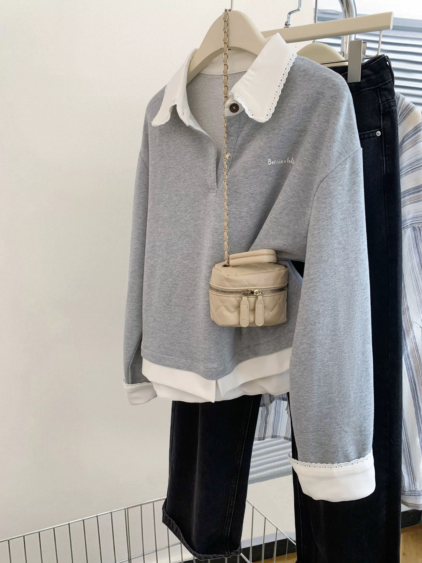 Gray fake two-piece Polo collar long-sleeved pullover lapel sweatshirt for women with petite high-end feel without hood and loose 2025 autumn