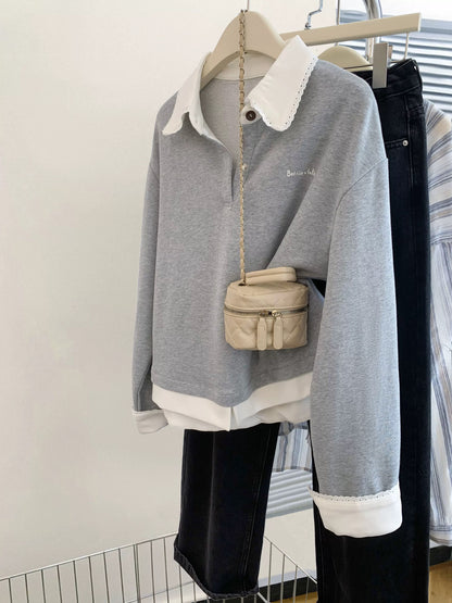 Gray fake two-piece Polo collar long-sleeved pullover lapel sweatshirt for women with petite high-end feel without hood and loose 2025 autumn
