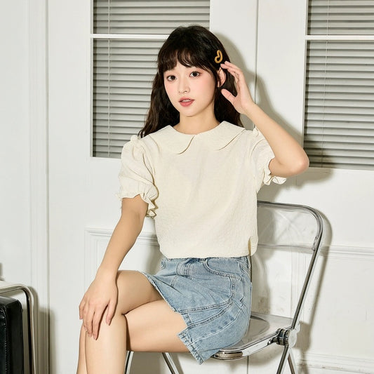 Tangshi 2024 spring and summer new short-sleeved shirt for girls doll collar puff sleeve textured shirt sweet little man