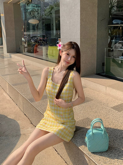 Baishui Girl [Rich Girl~] Square Neck Tank Top Women's New Contrast Color Slim Fit Small Fragrant Style Dress