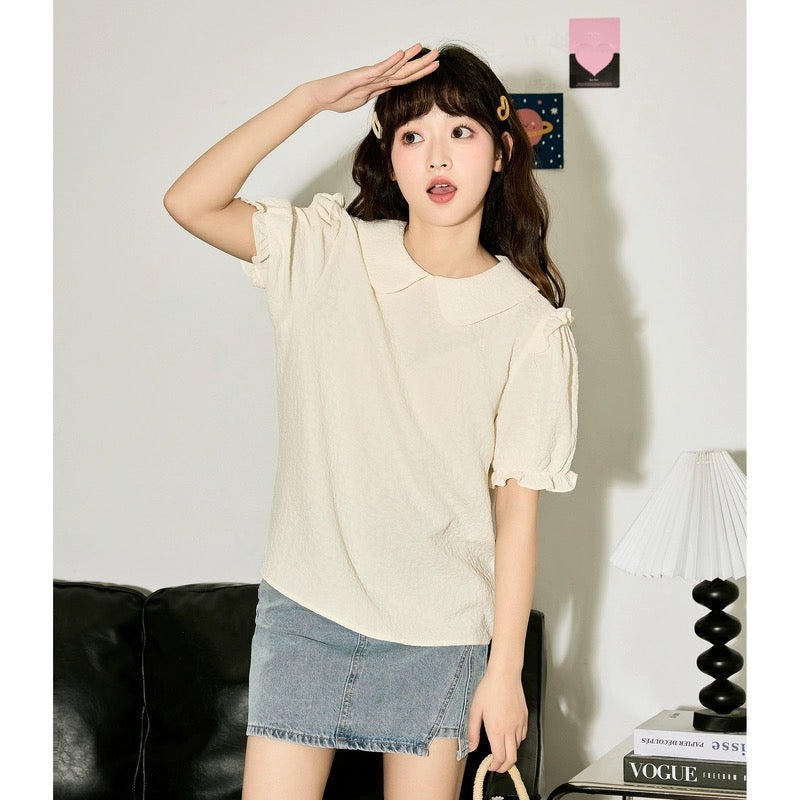 Tangshi 2024 spring and summer new short-sleeved shirt for girls doll collar puff sleeve textured shirt sweet little man