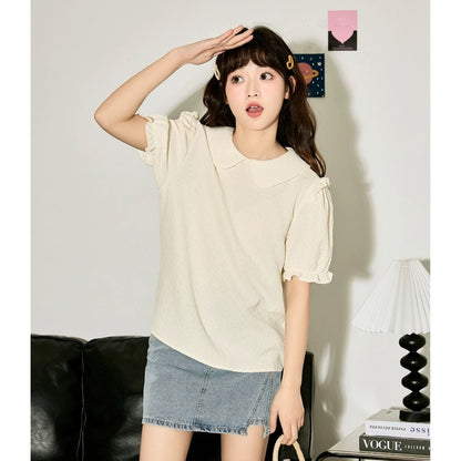 Tangshi 2024 spring and summer new short-sleeved shirt for girls doll collar puff sleeve textured shirt sweet little man