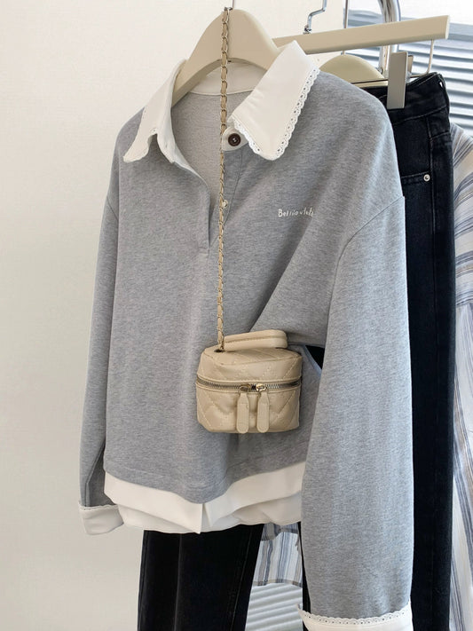 Gray fake two-piece Polo collar long-sleeved pullover lapel sweatshirt for women with petite high-end feel without hood and loose 2025 autumn