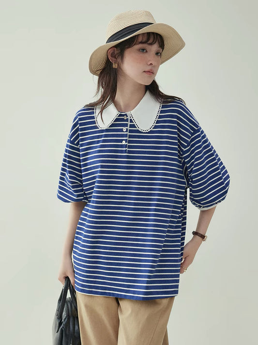 [Beidao AMUU Original] Japanese-style blue and white striped T-shirt with a collar and elbow-length sleeves – new loose-fitting summer top for women.