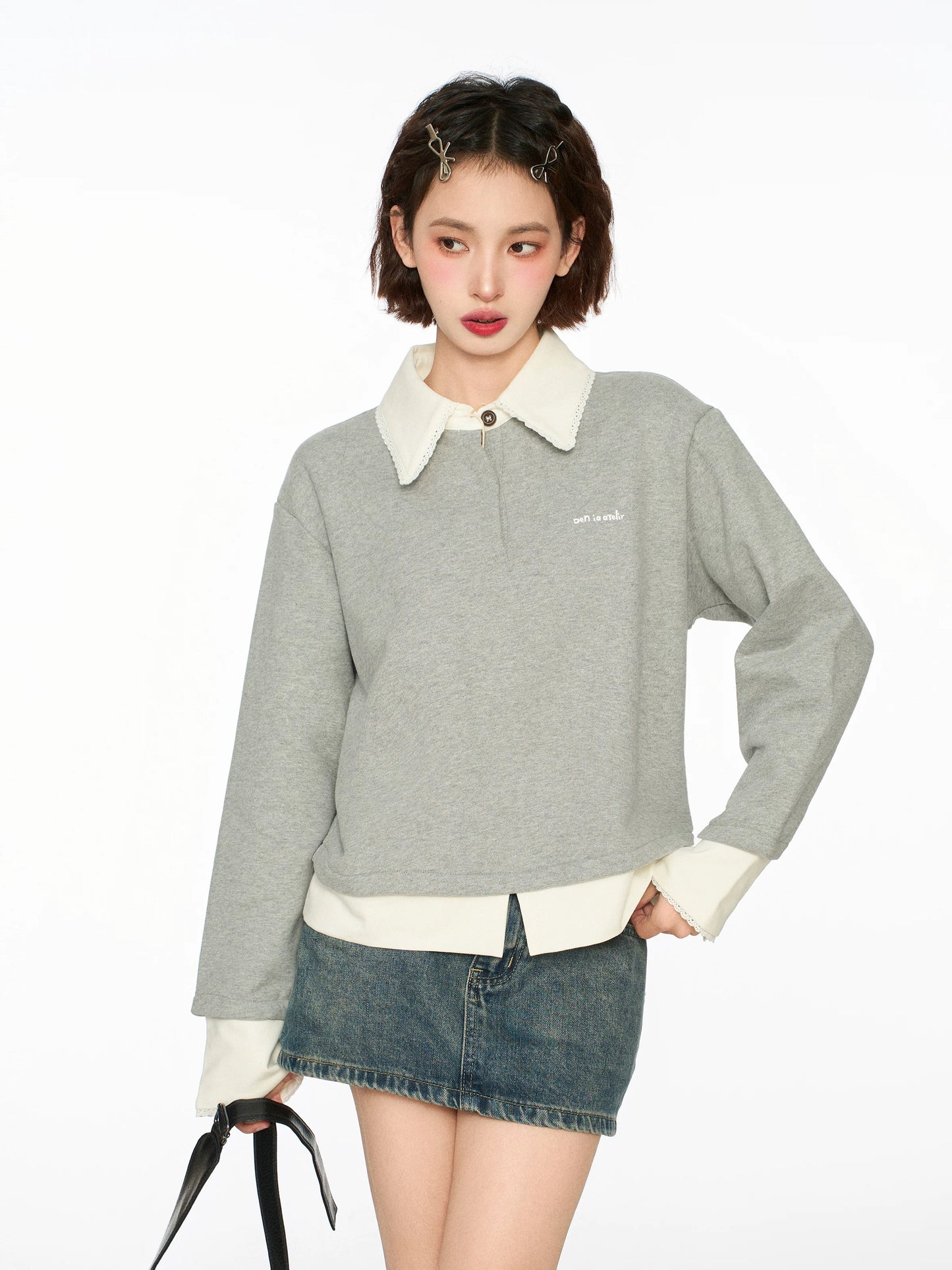 Gray fake two-piece Polo collar long-sleeved pullover lapel sweatshirt for women with petite high-end feel without hood and loose 2025 autumn