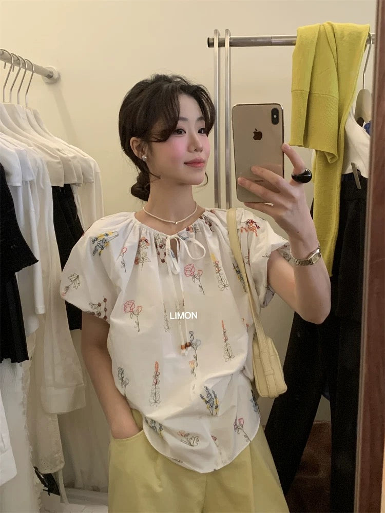 THE LEMON lemon green tea sweet shirt 2025 summer chic embroidery print lace-up versatile tops for women