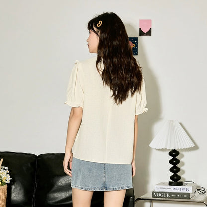 Tangshi 2024 spring and summer new short-sleeved shirt for girls doll collar puff sleeve textured shirt sweet little man