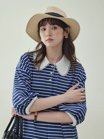 [Beidao AMUU Original] Japanese-style blue and white striped T-shirt with a collar and elbow-length sleeves – new loose-fitting summer top for women.