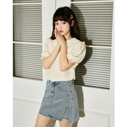Tangshi 2024 spring and summer new short-sleeved shirt for girls doll collar puff sleeve textured shirt sweet little man