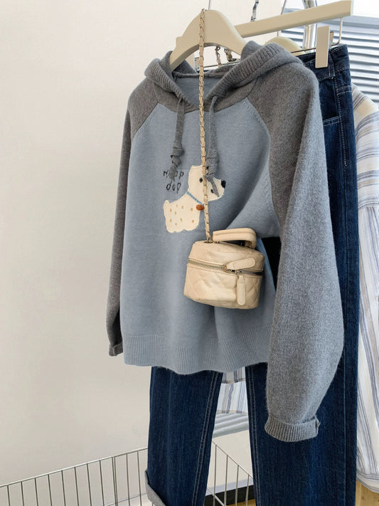 Blue puppy hooded pullover sweater women's early autumn thickened loose small size knitted sweater 2025 tops
