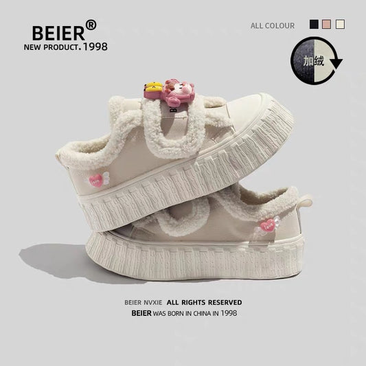 BEIER plus velvet white shoes 2024 winter new Velcro warm cotton shoes thick-soled casual versatile canvas shoes