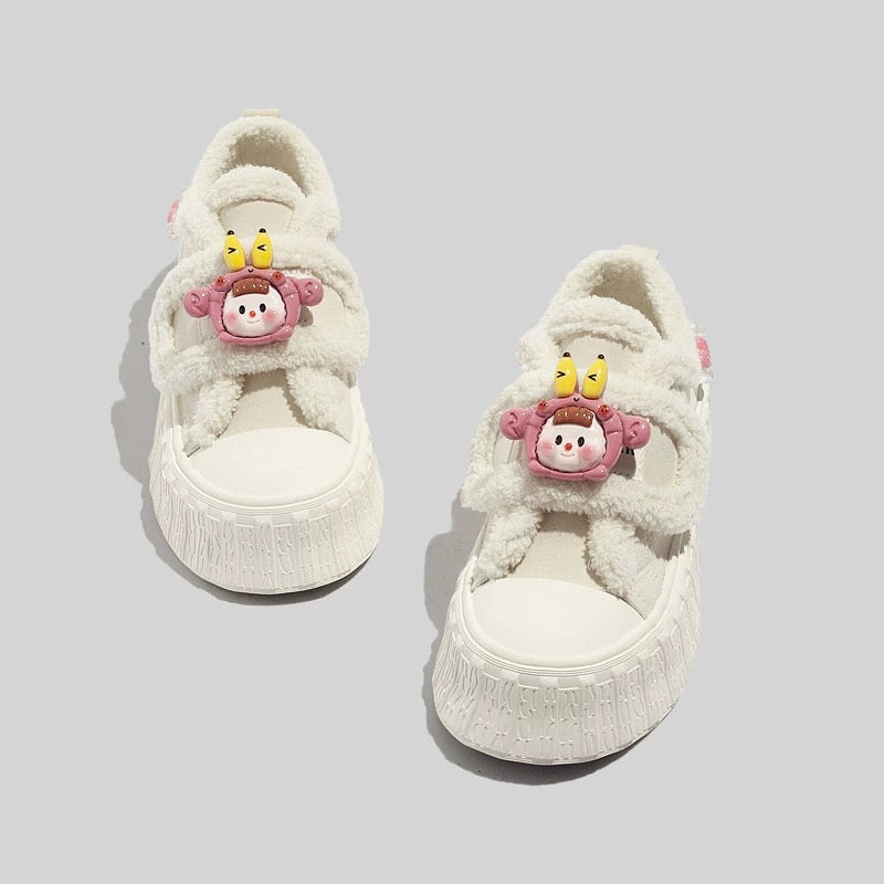 BEIER plus velvet white shoes 2024 winter new Velcro warm cotton shoes thick-soled casual versatile canvas shoes