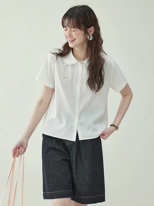 [Beidao AMUU Original] Women's Summer Preppy-Style White Shirt with Ruffled Peter Pan Collar, Short Sleeves, and Button-Front Design