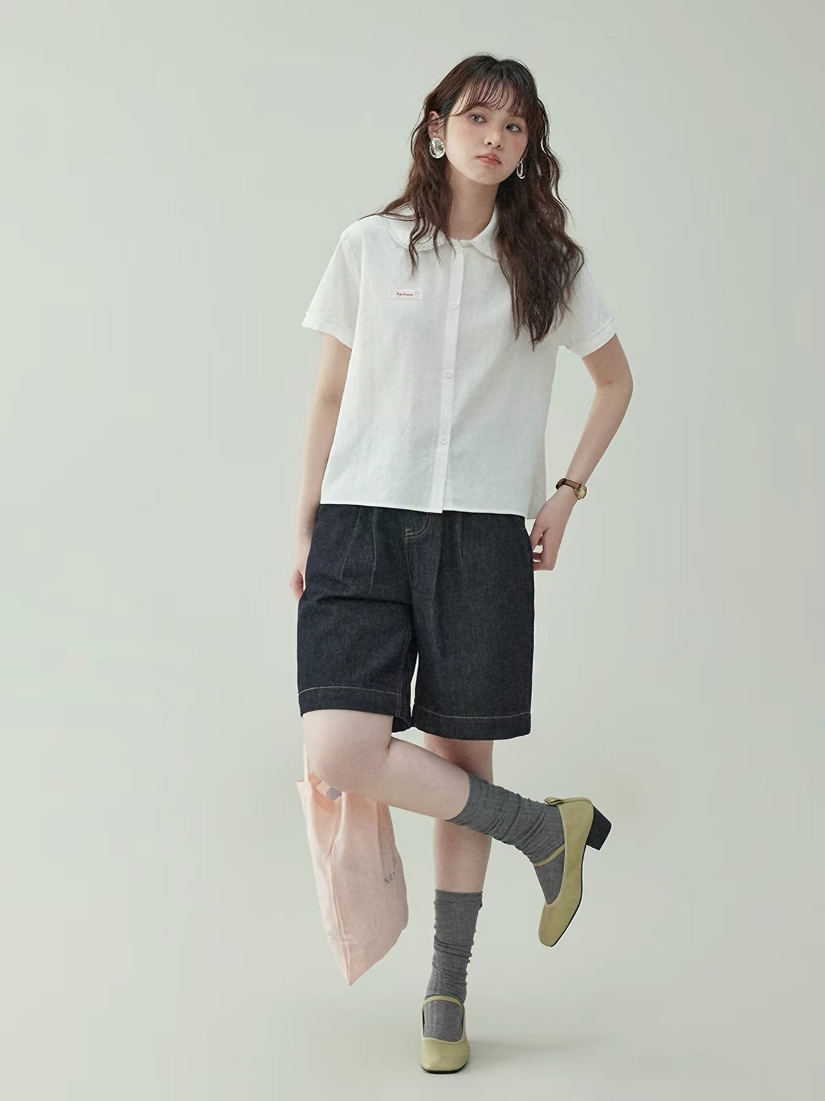 [Beidao AMUU Original] Women's Summer Preppy-Style White Shirt with Ruffled Peter Pan Collar, Short Sleeves, and Button-Front Design